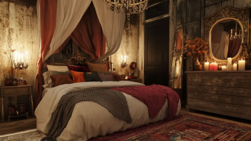 Dreamy Dark Feminine Bedroom Ideas with Layered Lighting and Texture