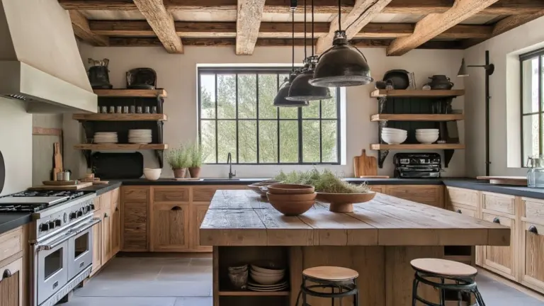 Barndominium Kitchen Ideas with Exposed Beams and Natural Wood