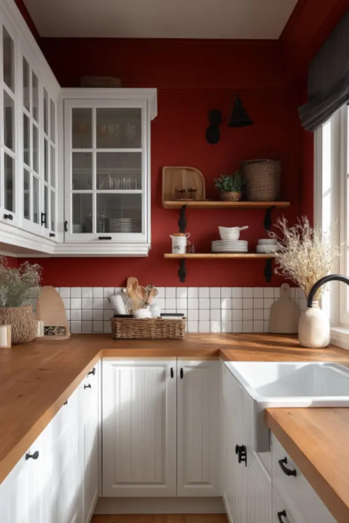 How to Style a Red Farmhouse Kitchen with White Cabinets for Warm, Timeless Charm