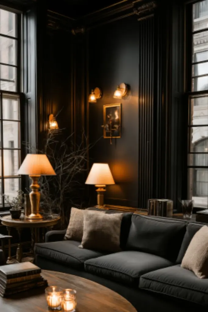 Cozy Black Living Room Ideas for Apartments with Warm Lighting and Timeless Style