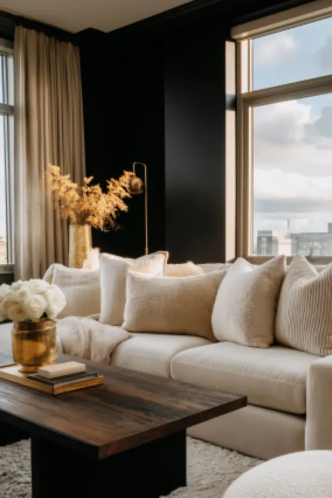 Cozy Black Living Room Ideas for Apartments with Warm Lighting and Timeless Style