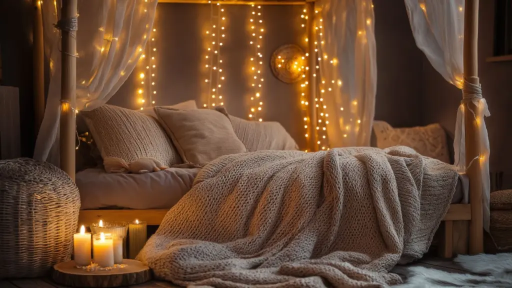 Dark Cottagecore Bedroom Decor: Mocha Woods & Fairy Lights
