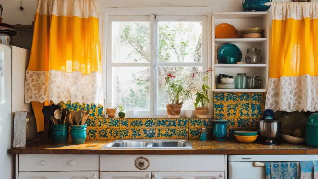 Layered Textures and Colorful Accents for a Bohemian Kitchen