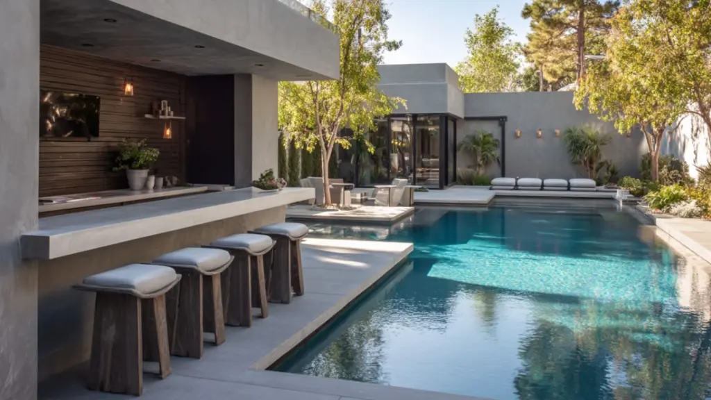 Minimalist Pool Side Bar with Floating Stools: Sleek Design for a Modern Backyard Escape