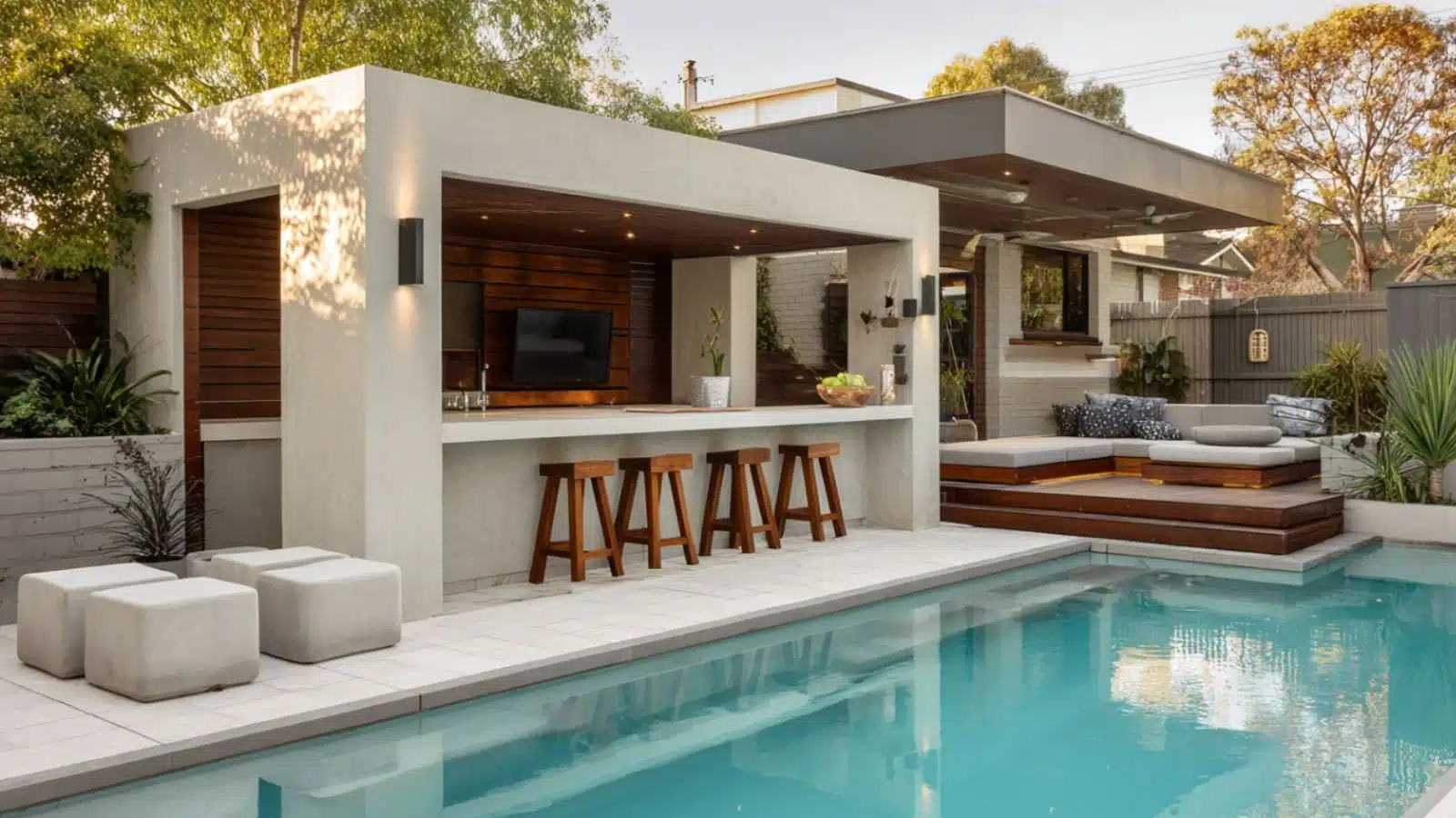 Minimalist Pool Side Bar with Floating Stools: Sleek Design for a Modern Backyard Escape
