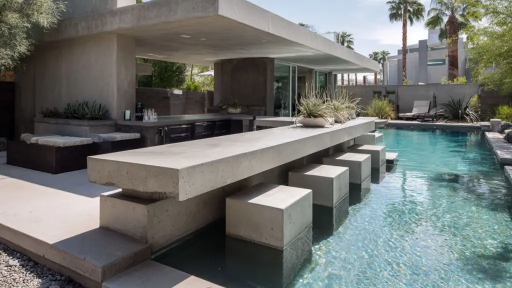Minimalist Pool Side Bar with Floating Stools: Sleek Design for a Modern Backyard Escape