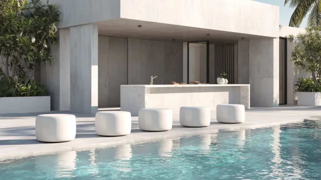 Minimalist Pool Side Bar with Floating Stools: Sleek Design for a Modern Backyard Escape