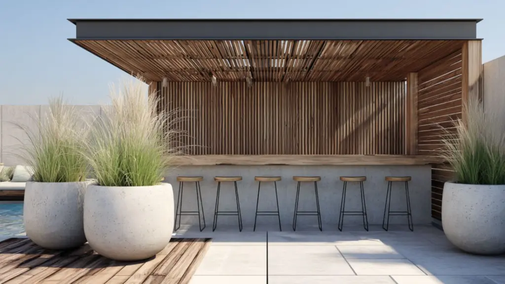 Minimalist Pool Side Bar with Floating Stools: Sleek Design for a Modern Backyard Escape