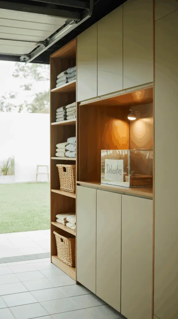 Stylish Garage Laundry Area with Built-In Cabinets for Functional and Elegant Utility Spaces