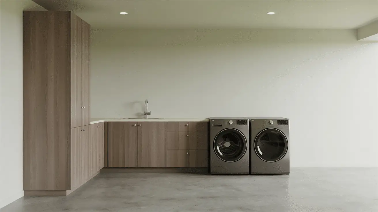 Stylish Garage Laundry Area with Built-In Cabinets for Functional and Elegant Utility Spaces