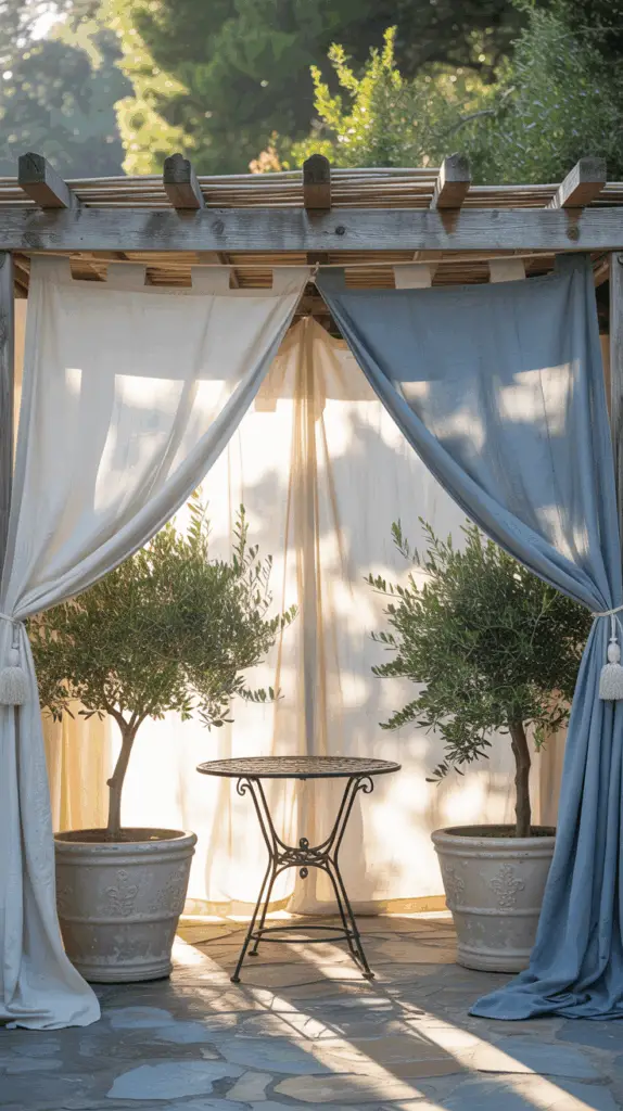 Mediterranean-Inspired Patio Awning Ideas with Colorful Fabrics for Effortless Outdoor Charm