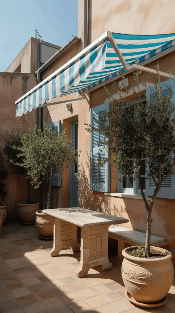 Mediterranean-Inspired Patio Awning Ideas with Colorful Fabrics for Effortless Outdoor Charm