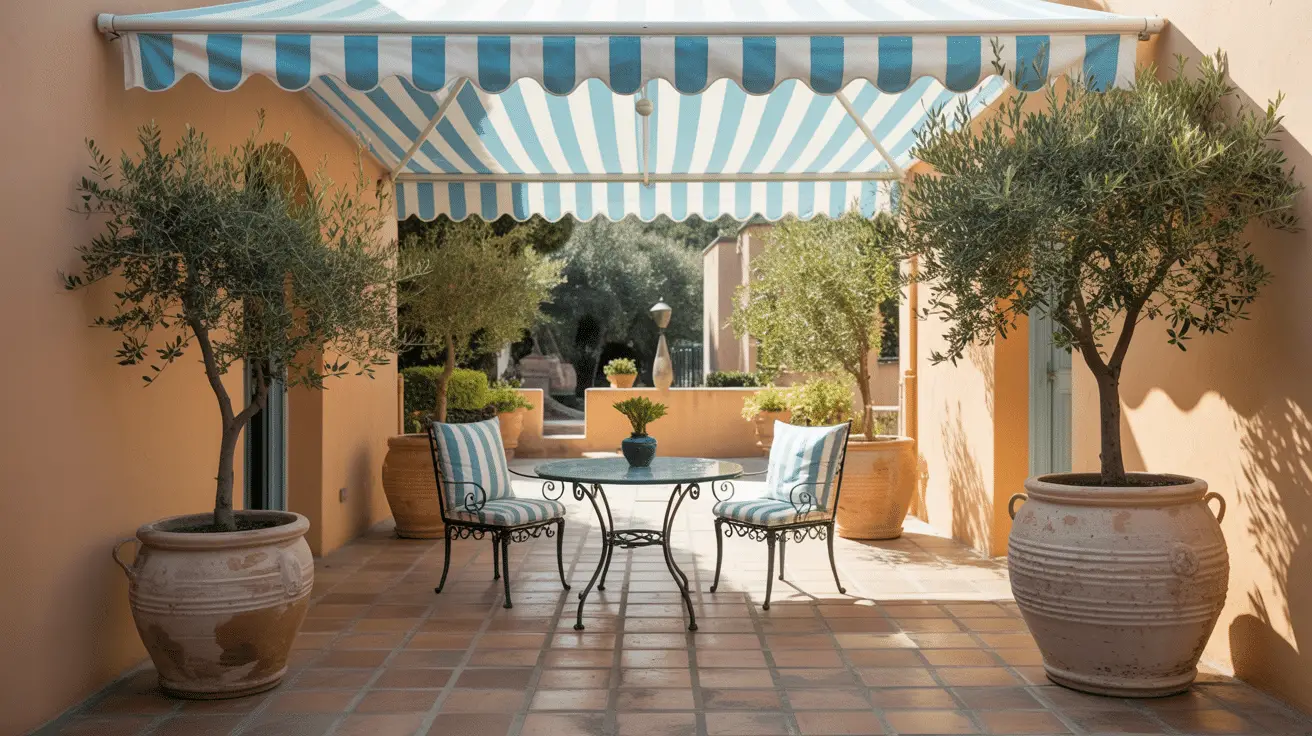 Mediterranean-Inspired Patio Awning Ideas with Colorful Fabrics for Effortless Outdoor Charm