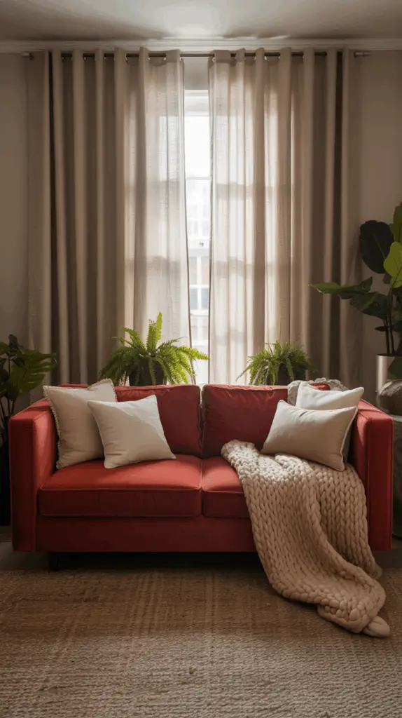 Bold Red Couch Living Room Ideas with Neutral Walls and Greenery for a Striking, Balanced Space