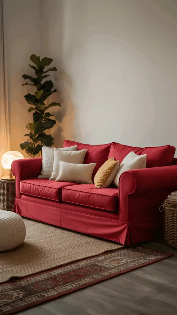 Bold Red Couch Living Room Ideas with Neutral Walls and Greenery for a Striking, Balanced Space