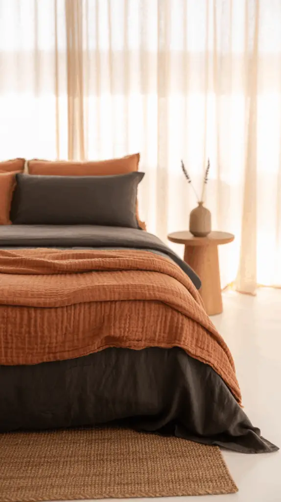 Warm Minimalist Bedroom Ideas with Black and Rust Tones for a Cozy, Modern Look