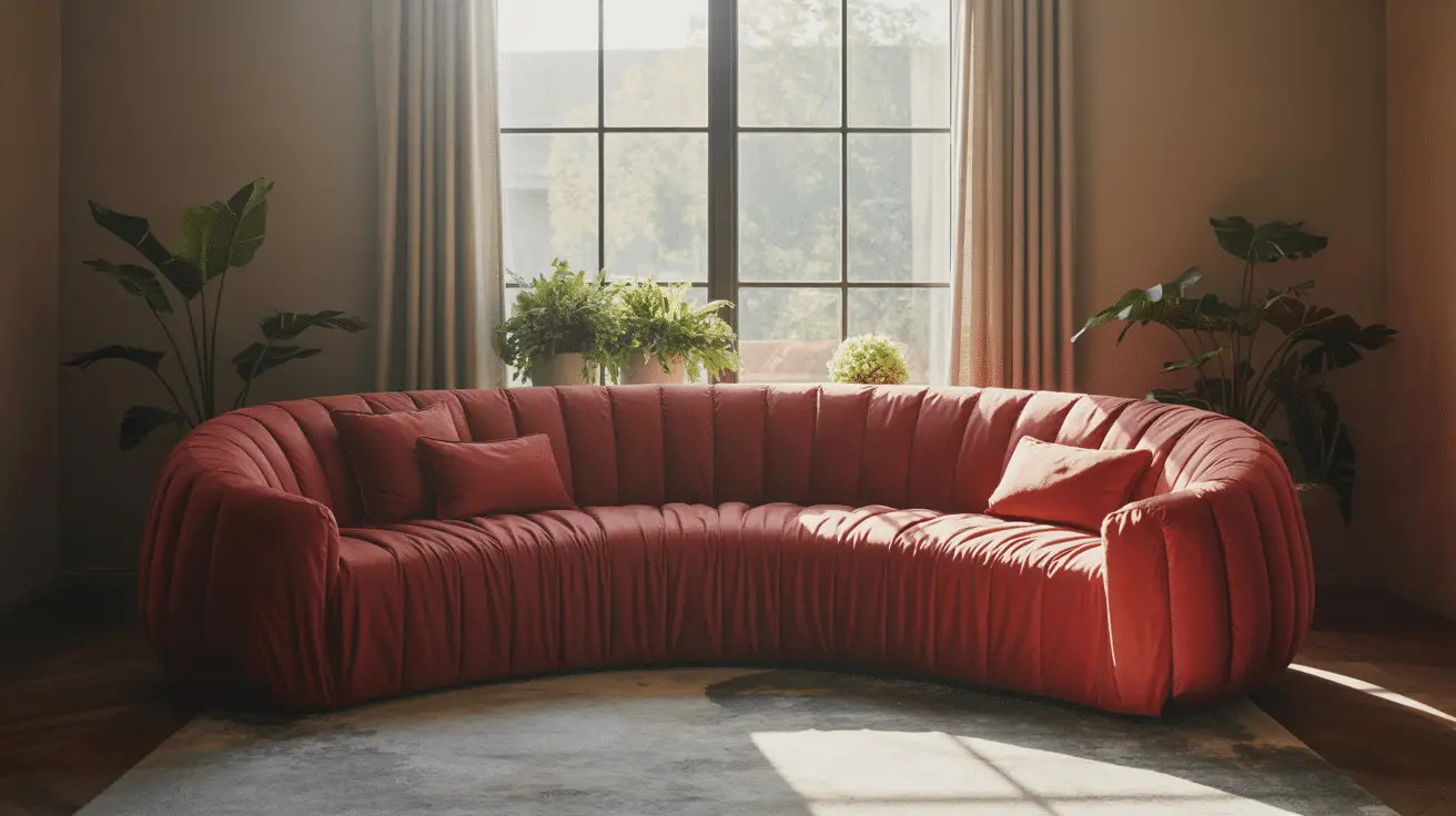 Bold Red Couch Living Room Ideas with Neutral Walls and Greenery for a Striking, Balanced Space