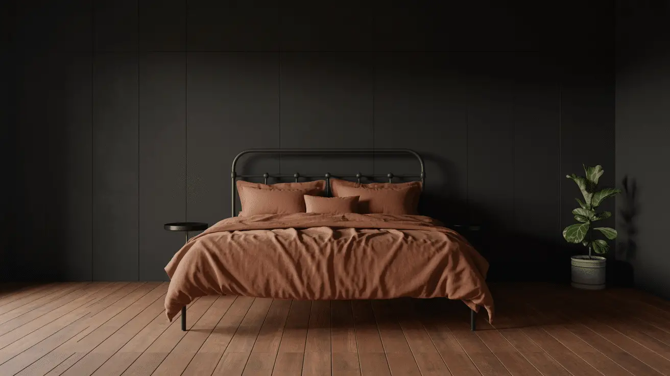 Warm Minimalist Bedroom Ideas with Black and Rust Tones for a Cozy, Modern Look