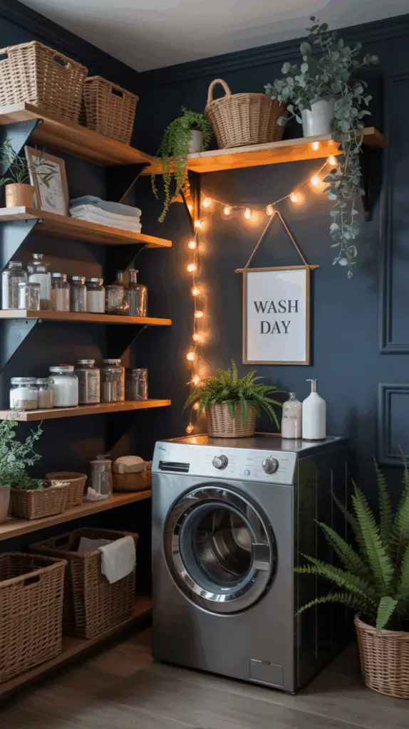 Clever Storage Solutions in a Moody Laundry Room for Style and Function