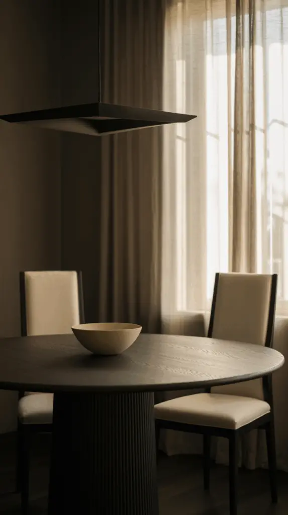 Create a Minimalist Moody Dining Room with Subtle Elegance and a Dark Palette