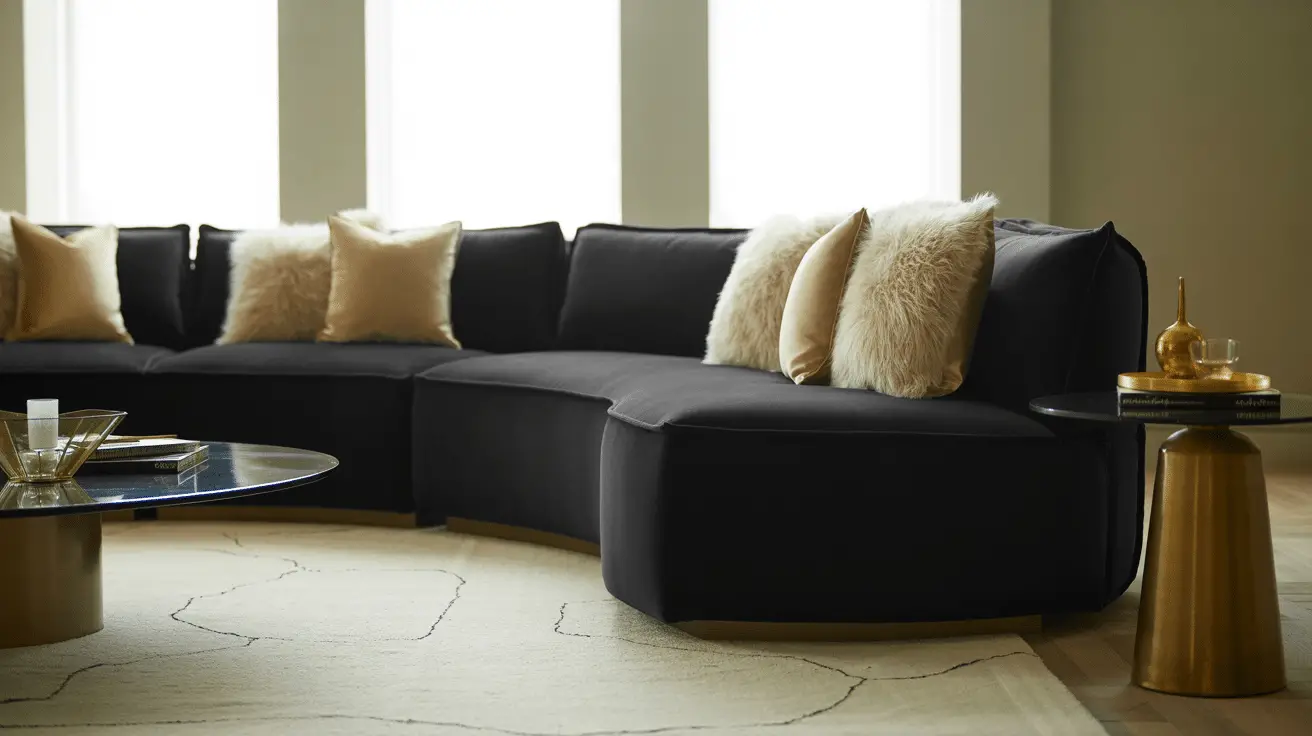 Sophisticated Black Couch Living Room Decor with Trendy Contrast Details for a Chic Home Aesthetic
