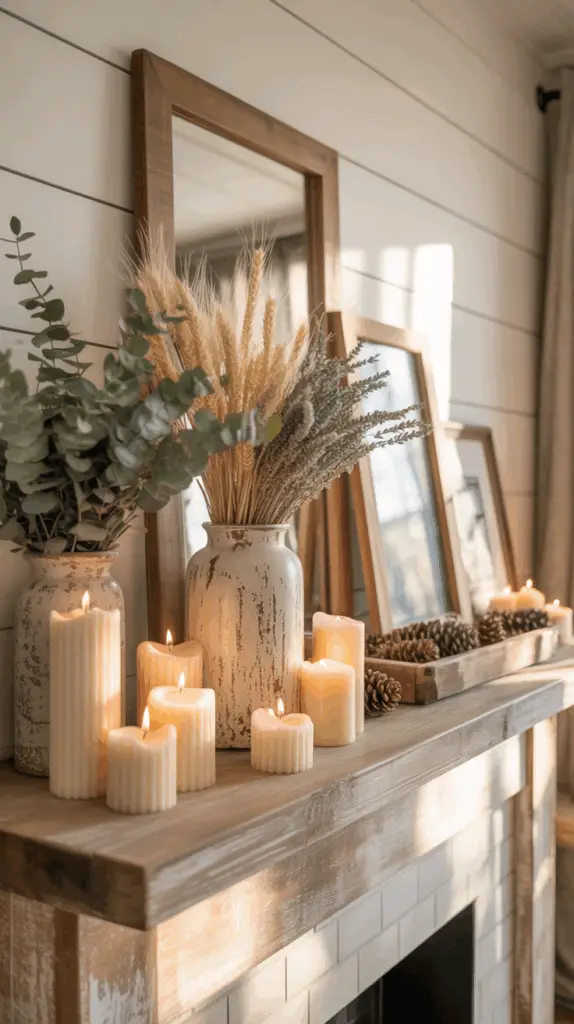 Farmhouse Living Room Mantle Decor Ideas for a Soft Rustic Feel