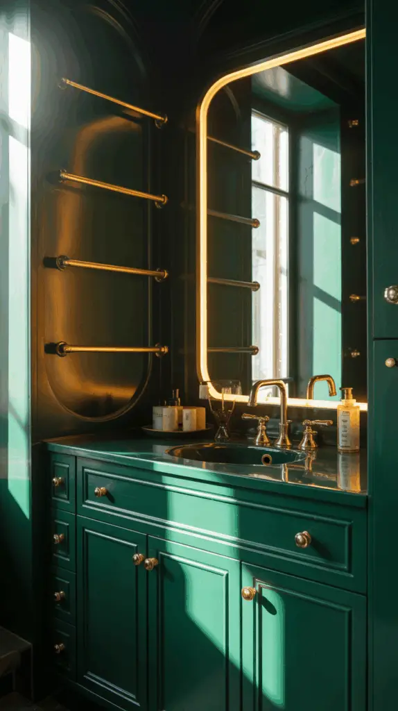 Create a Deep Green Bathroom Retreat with Earthy Touches for a Luxurious, Natural Escape