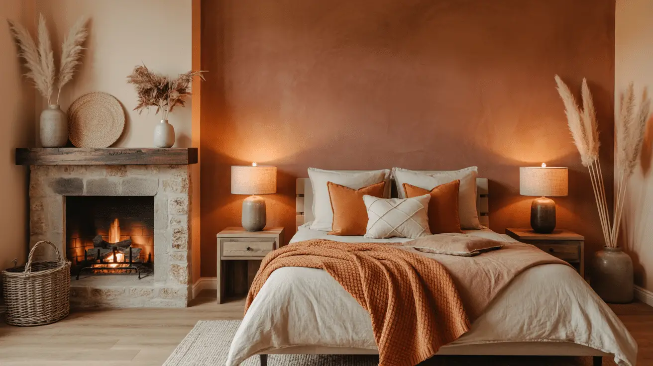 Warm Earthy Fireplace in Bedroom Decor with Natural Tones for a Cozy, Timeless Retreat