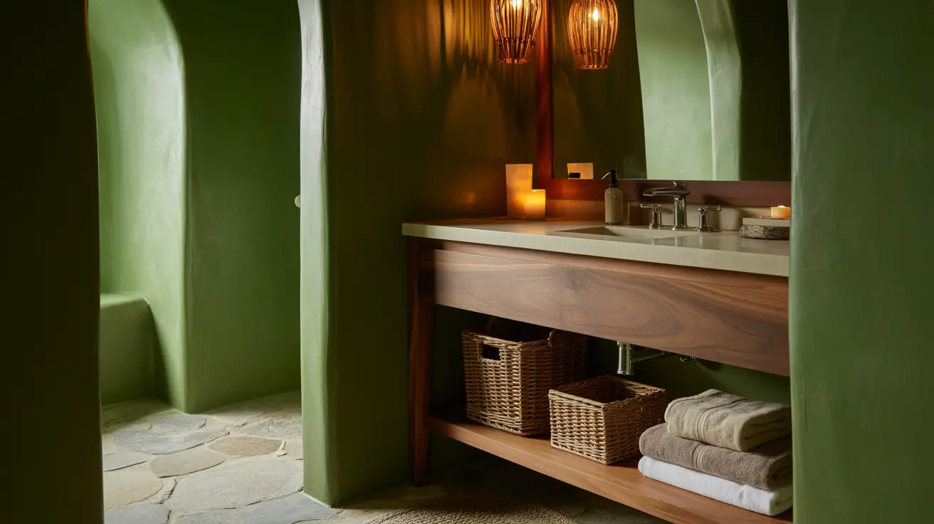 Create a Deep Green Bathroom Retreat with Earthy Touches for a Luxurious, Natural Escape