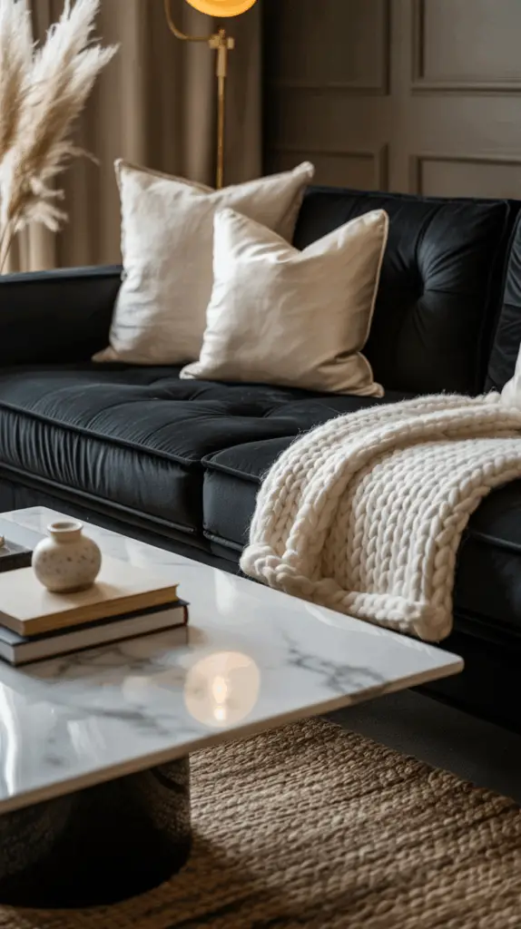 Sophisticated Black Couch Living Room Decor with Trendy Contrast Details for a Chic Home Aesthetic