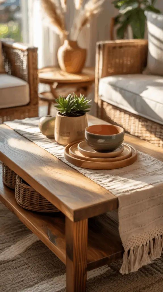 Boho Chic Living Room Table Decor Ideas with Natural Elements for a Warm, Relaxed Aesthetic