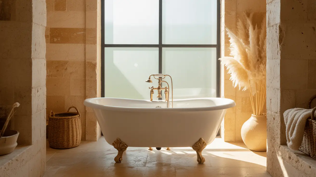 Natural Vintage Modern Bathroom Styling with Stone and Warm Metals: Elegant Balance of Texture and Timeless Design