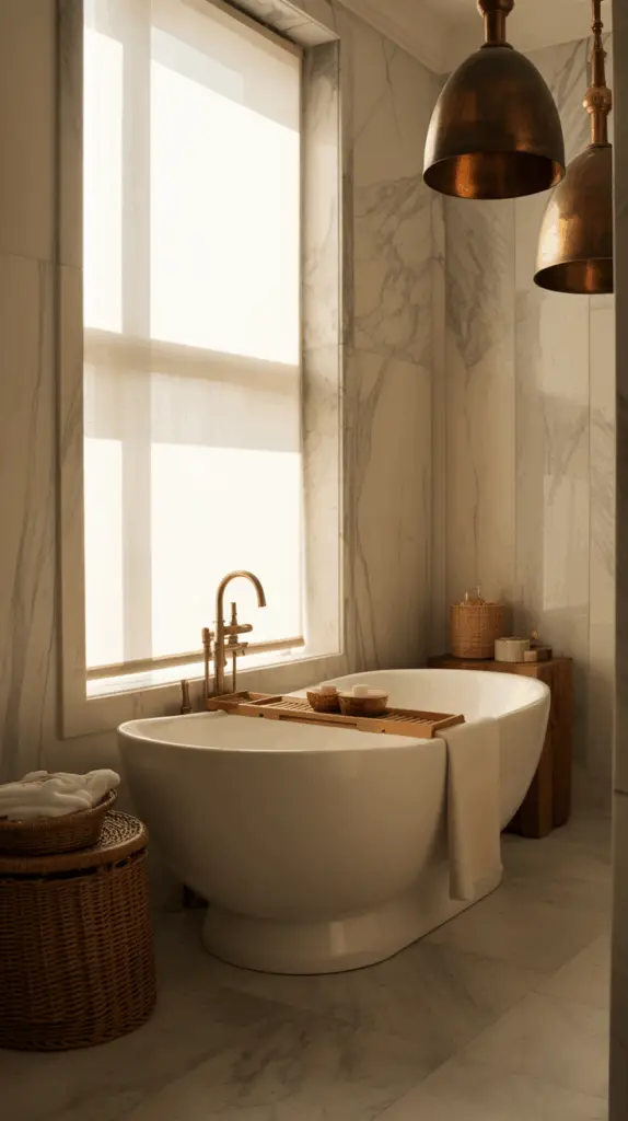 Natural Vintage Modern Bathroom Styling with Stone and Warm Metals: Elegant Balance of Texture and Timeless Design