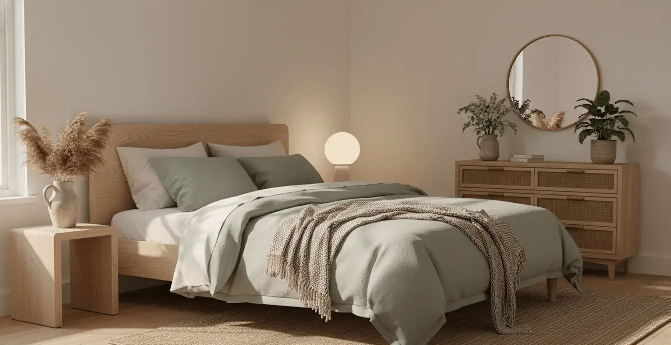 Neutral Bedroom Ideas with Sage Green Bedding for a Calm, Modern Retreat